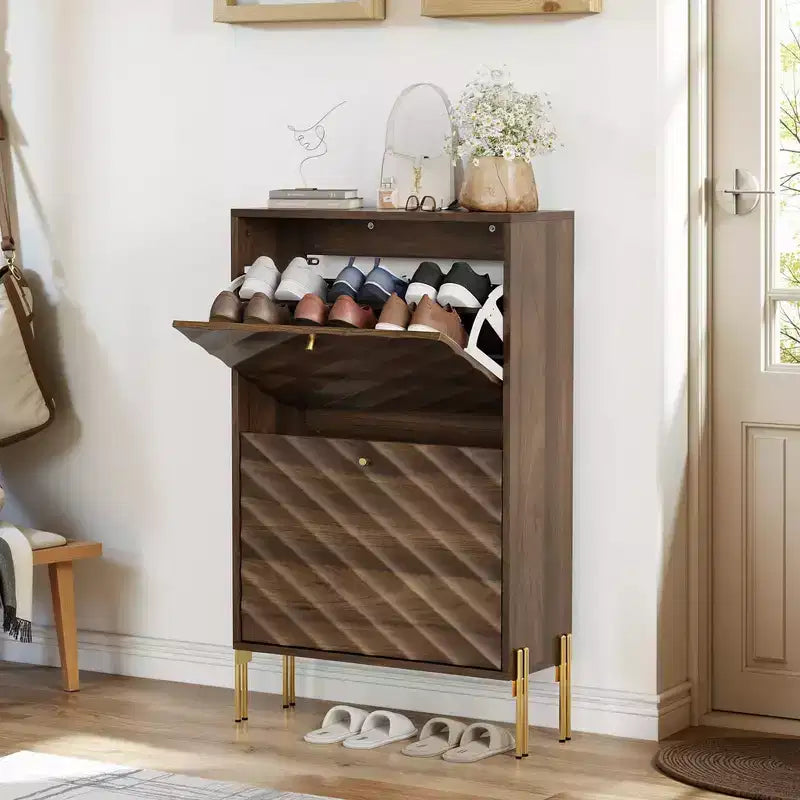 Modern Freestanding Shoe Cabinet with 2 Flip Drawers - Mid-Century Storage Rack for Entryway