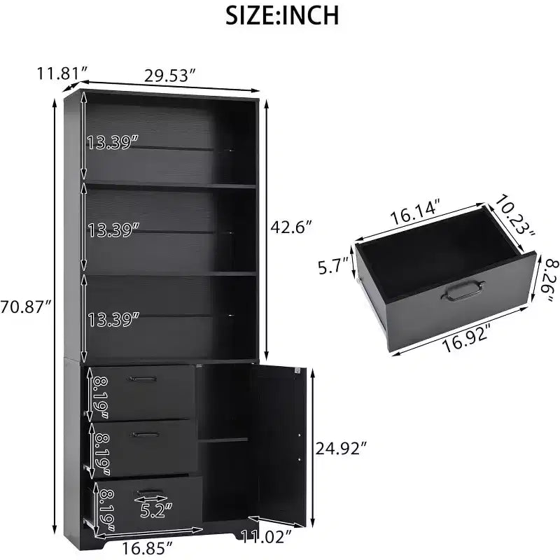 Acekool 6-Tier Bookshelf with Door and 3 Drawers, 71 Tall Bookcase, 3 Open Shelves, Storage Cabinet, for Home Office or Bedroom