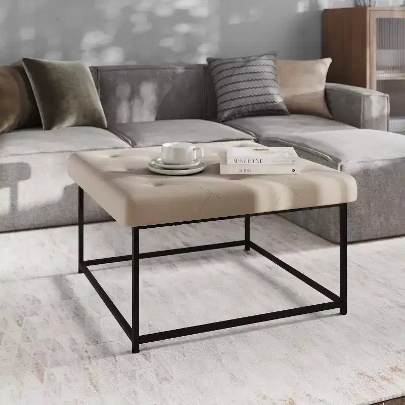 Emma and Oliver 30 in. Faux Leather Square Ottoman with Tufted Design and Sturdy Iron Frame