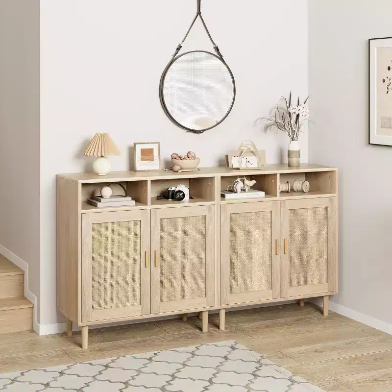 Rattan Sideboard Buffet Cabinets - 2-Door Storage with Shelf, Modern Dining Room, Coffee Bar Furniture, 36H