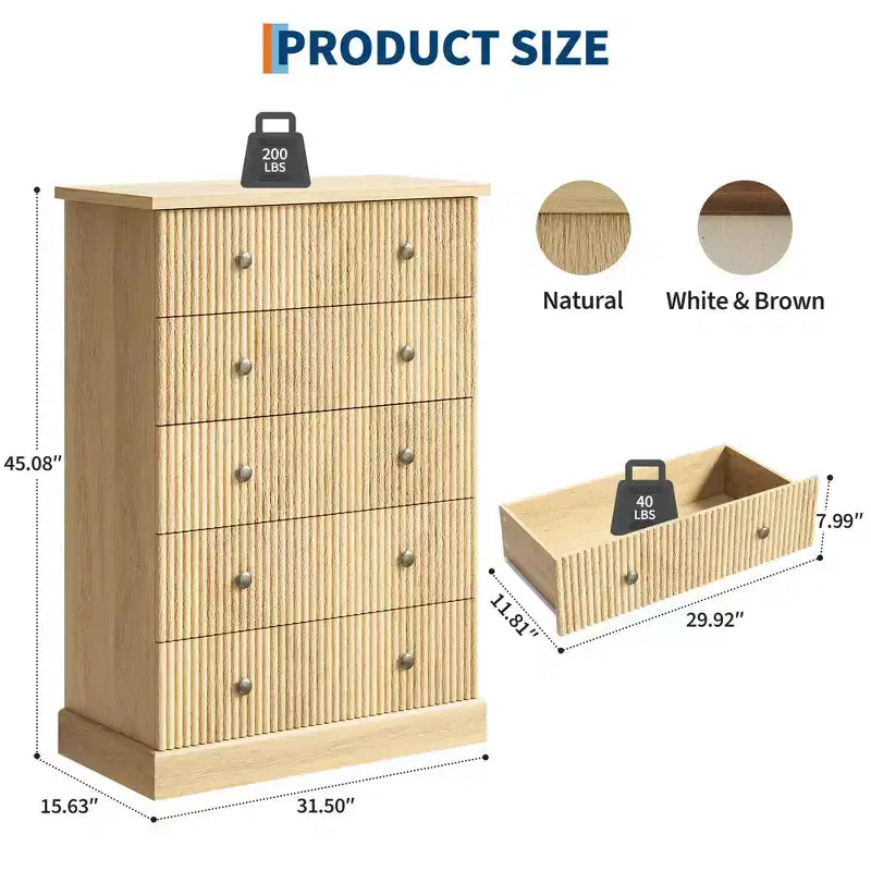 5-Drawer Tall Fluted Dresser,Vertical Wood Chest of Drawers with Metal Handles,Space-Saving Storage Cabinet for Bedroom, Apartment,Guest Room