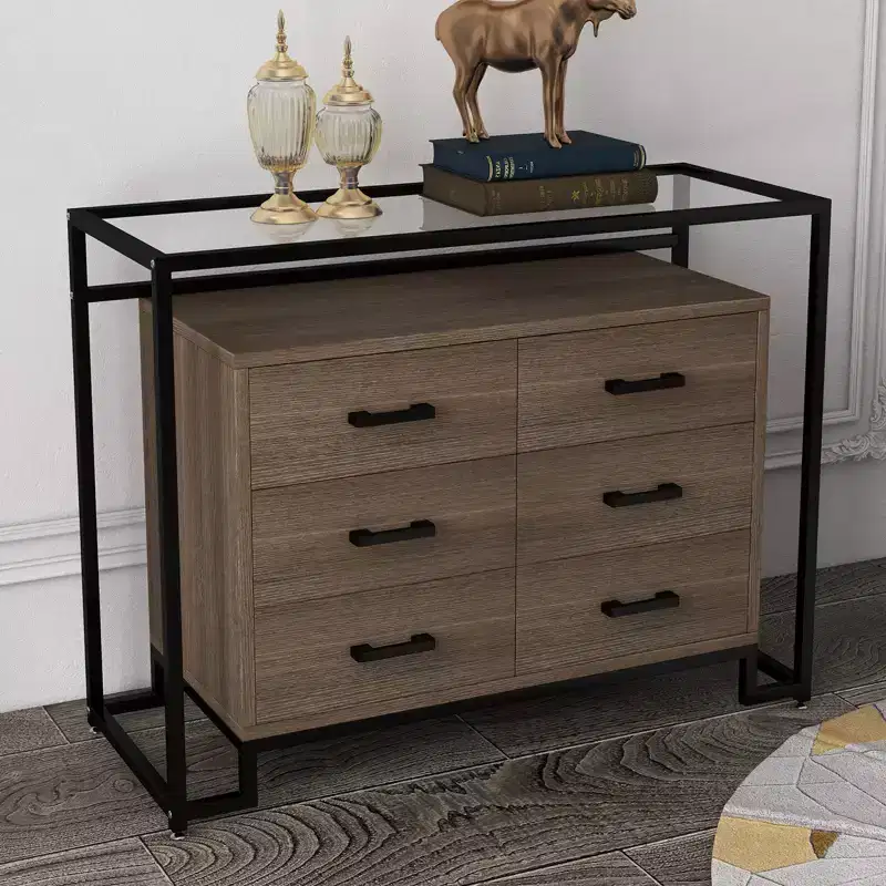 Steel Tempered Glass Triamine Board Raised Bottom Six Drawer Storage Cabinet with Durable Steel Frame and Spacious Drawers