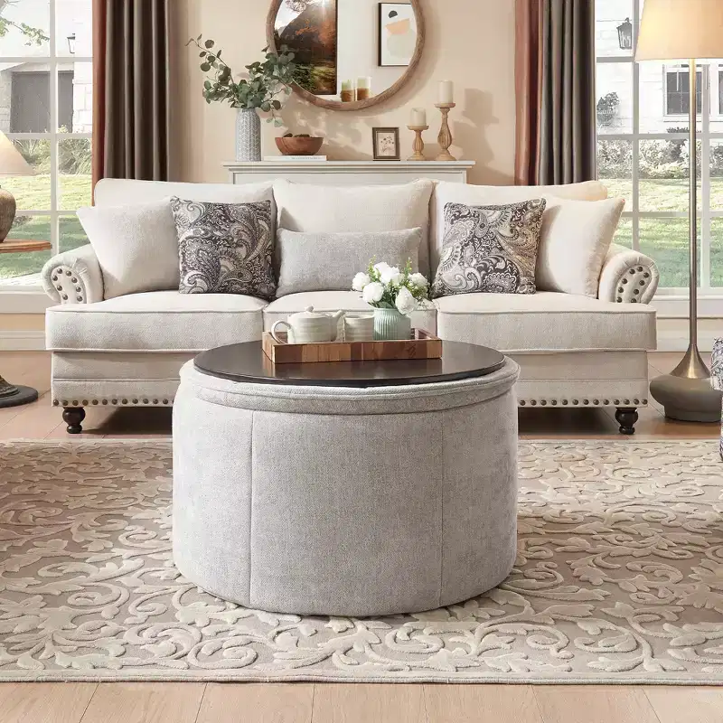 Large Round Storage Ottoman Coffee Table, Upholstered Chenille Footrest Ottoman Storage with Removable Top for Living Room, Bedroom
