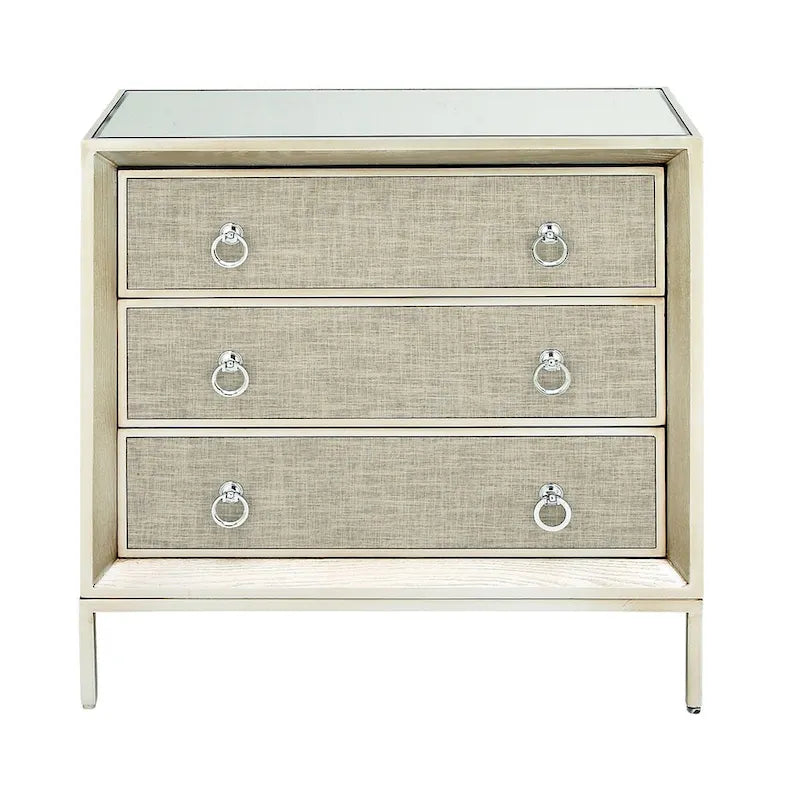 Wooden Upholstered Front Panel 3 Drawer Room Chest with Mirrored Top and Ring Handles - Beige