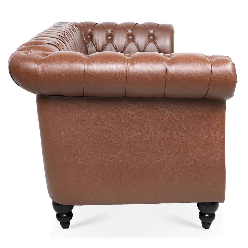 84 Mid-Century Modern 3-Seater Chesterfield Sofa, PU Leather, Birch Legs, 660 lbs