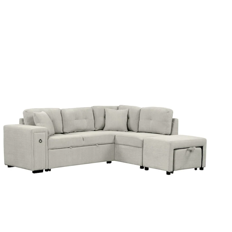 L-Shaped 4-Seat Sectional Sofa with Pull-Out Bed, Ottoman, USB Ports & Drop-Down Table