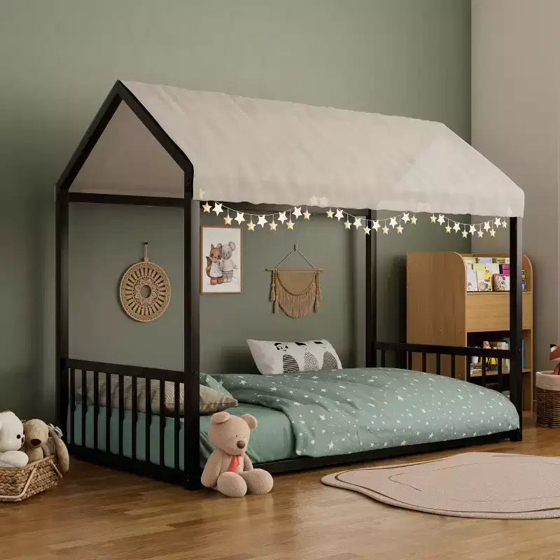 Twin Size Metal Floor Bed Frame with House Shape and Guardrails