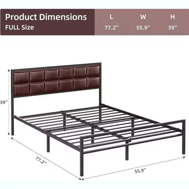 Full Upholstered Metal Bed Frame with Square-Stitched Headboard, Faux Leather Platform Bed with Steel Slats Support, Box Spring Optional, Red Brown