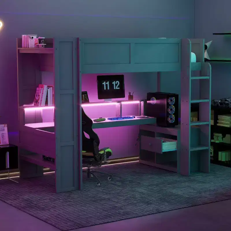 Okak Full/Twin Size Wooden Loft Bed with Desk & Multi-storage Shelves,Bunk Bed with LEDs,Charging Station,Multi-Functional Loft Beds for Kids,Teens
