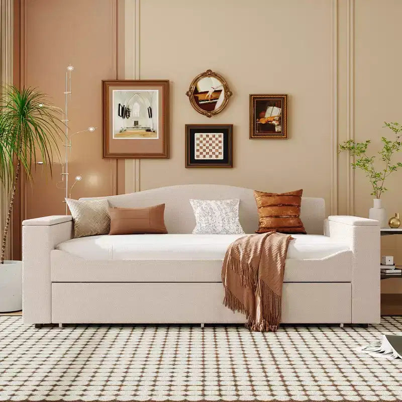 Full/Twin Upholstered Daybed with Trundle and Storage Armrests, Teddy Fleece Sofa Bed with Latest Integrated Bluetooth Audio System