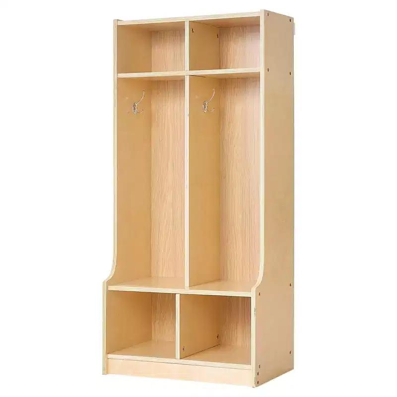 VEVOR 2-Section Kids Coat Locker, Wooden Toddler Cubby Storage Organizer with 4 Hooks & Anti-Tip Kit & 4 Small Open Storage Boxes, Wood Color