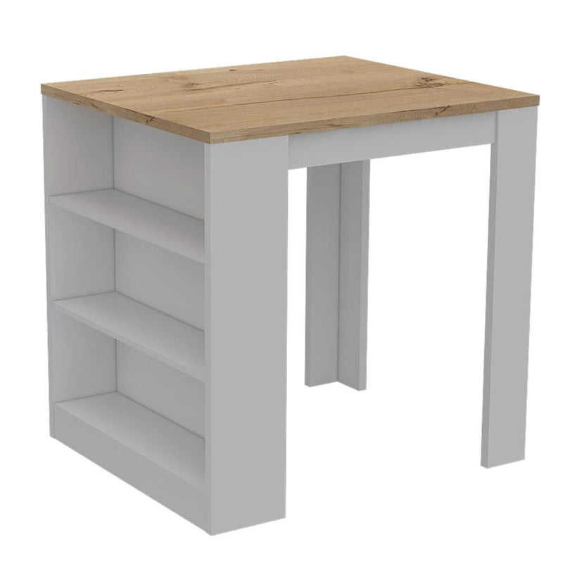 White and Pine Kitchen Island with 3-Tier Open Shelves and Breakfast Bar Height Top