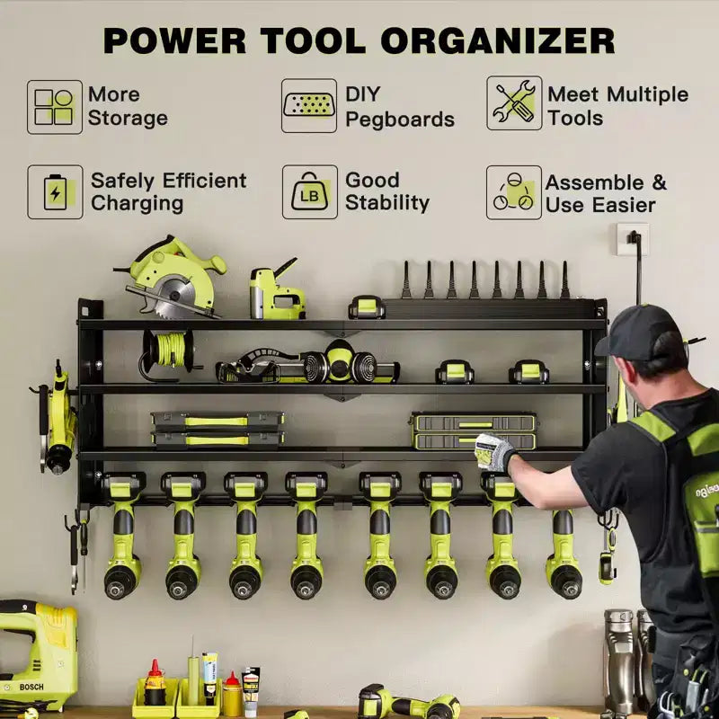 Hausource 4-Tier Power Tools Organizer Wall Mount Utility Storage Shelves, 8 Drill Holder, Red/Black/Yellow
