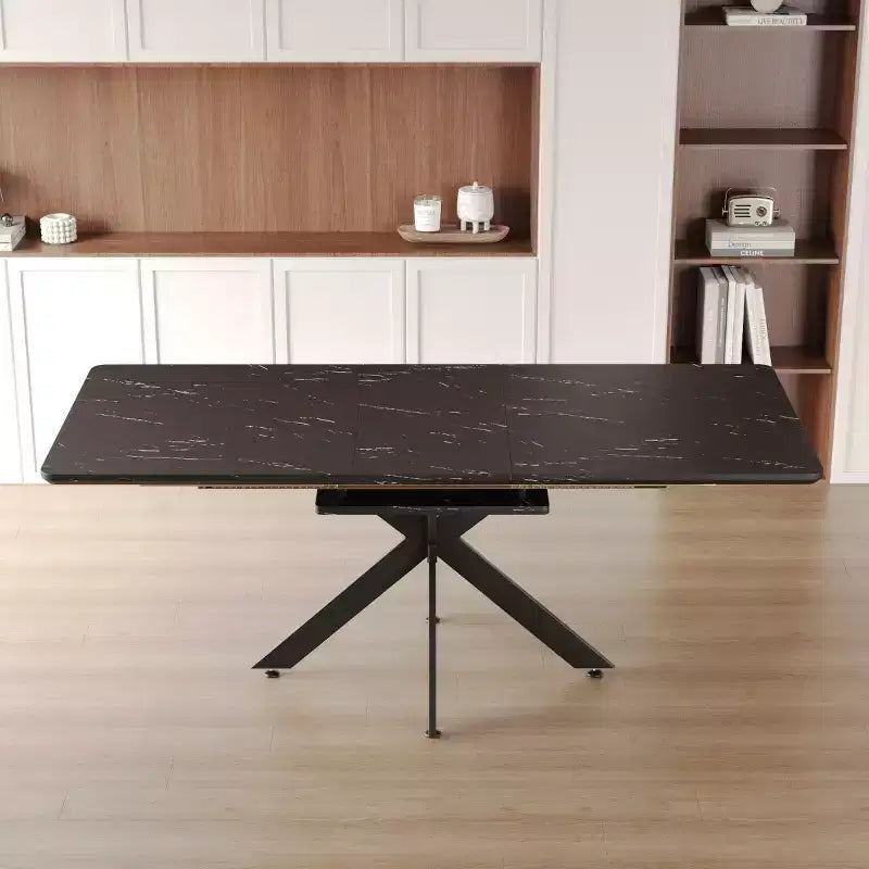 6278 Modern Extendable Dining Table with Black Metal Base, Rectangular Kitchen Table for Dining Room or Breakfast Area-Panipeachy