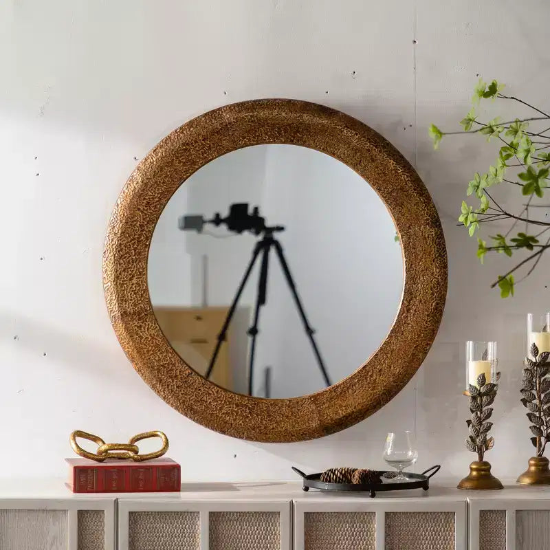 31.3 Hammered Textured Round Wall Mirror, Decorative Accent Mirror Rustic Mirror for Living Room Bedroom, Gold - ModernLuxe