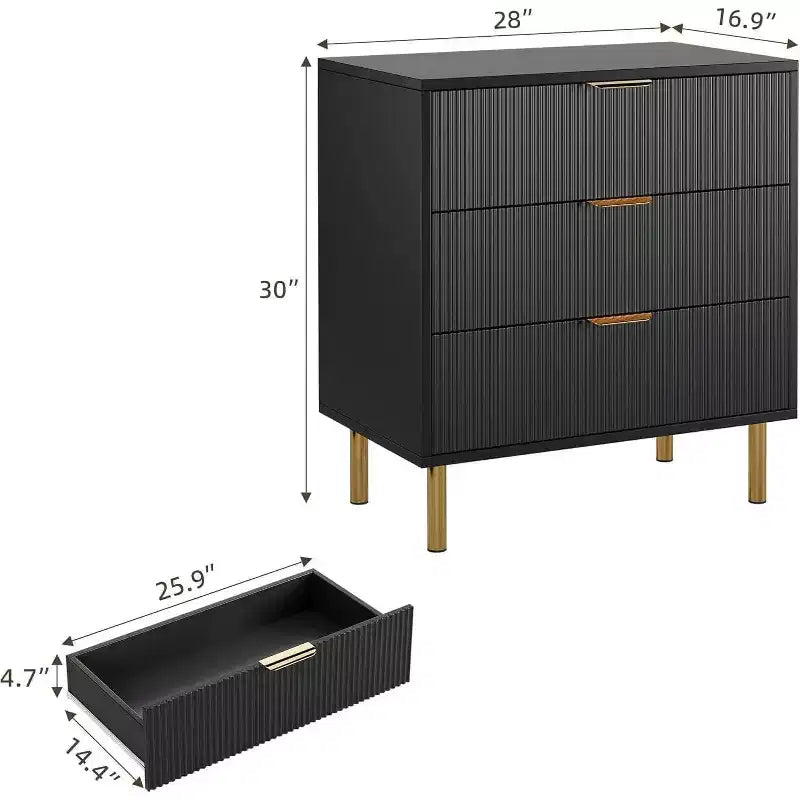 Acekool Fluted Wood 3 Drawer Dresser, 28 Wide Modern Chest, Bedroom Storage Organizer with Gold Handle for Living Room Entryway Hallway