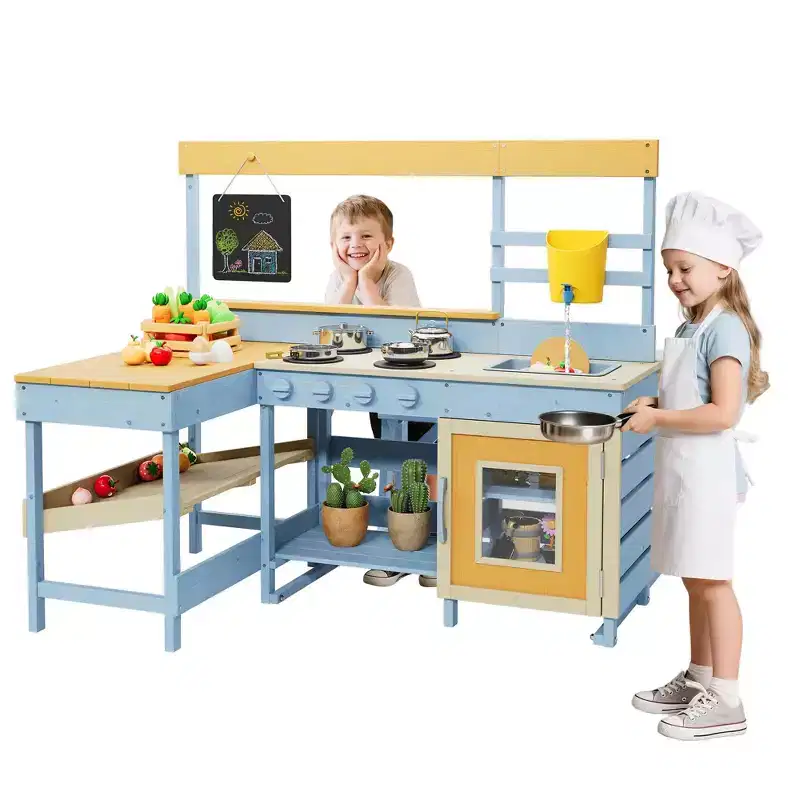 Natural Wood 2-in-1 Outdoor Mud Kitchen with Picnic Table, Ages 3+, Multi-Child