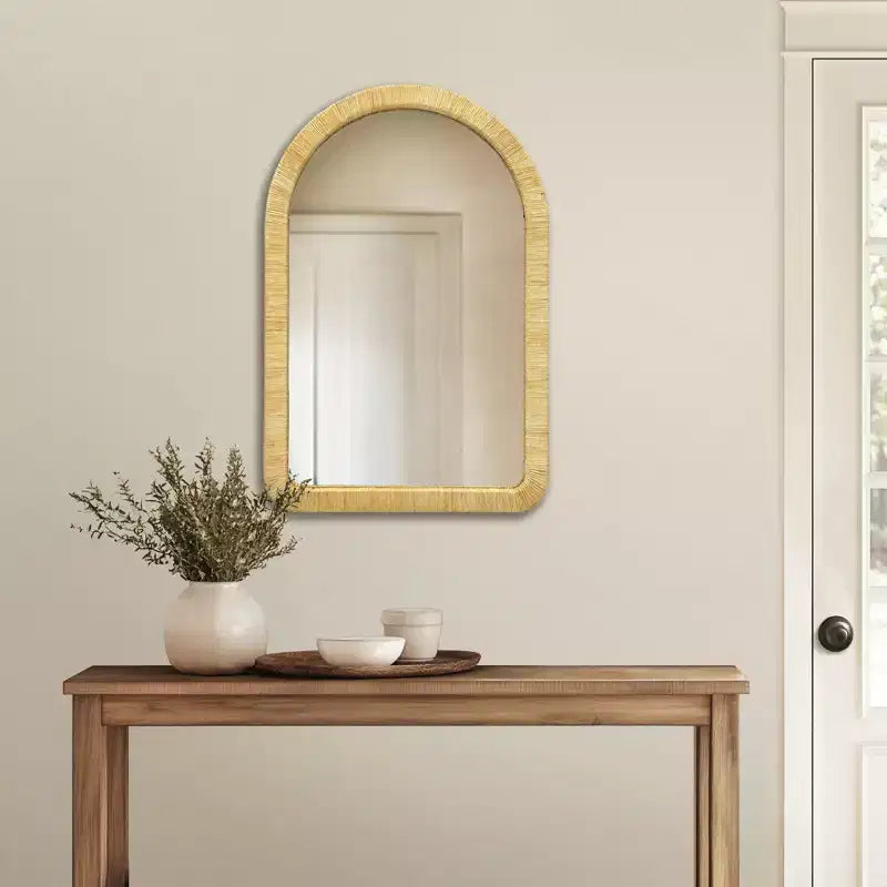 Okak Natural Rattan Design Decor Wall Mirror for Bedroom,Coffee Shop,Indoor Large Round/Arched Vanity Mirror