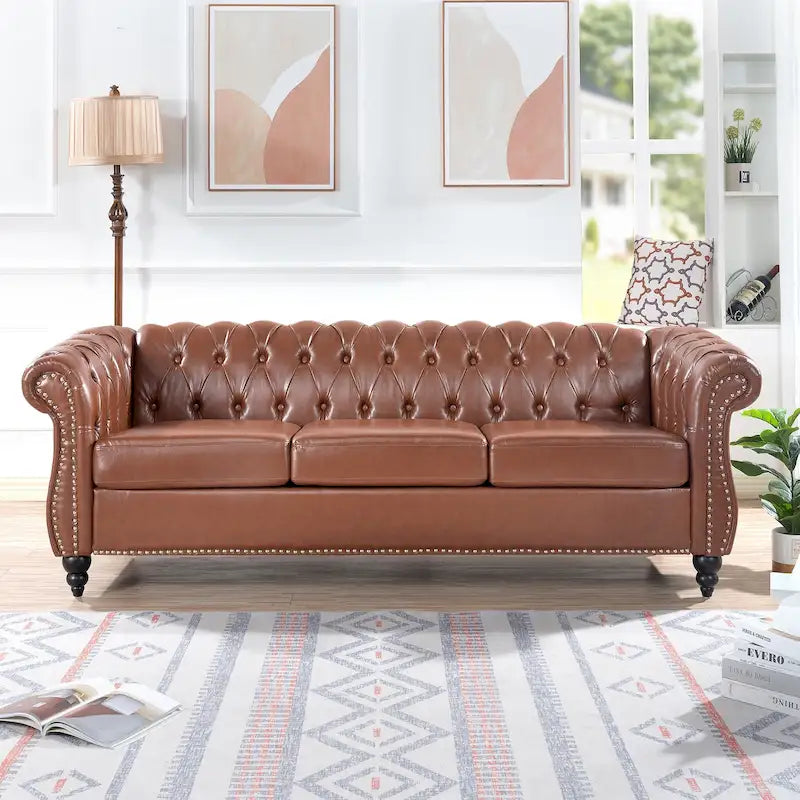 84 Mid-Century Modern 3-Seater Chesterfield Sofa, PU Leather, Birch Legs, 660 lbs