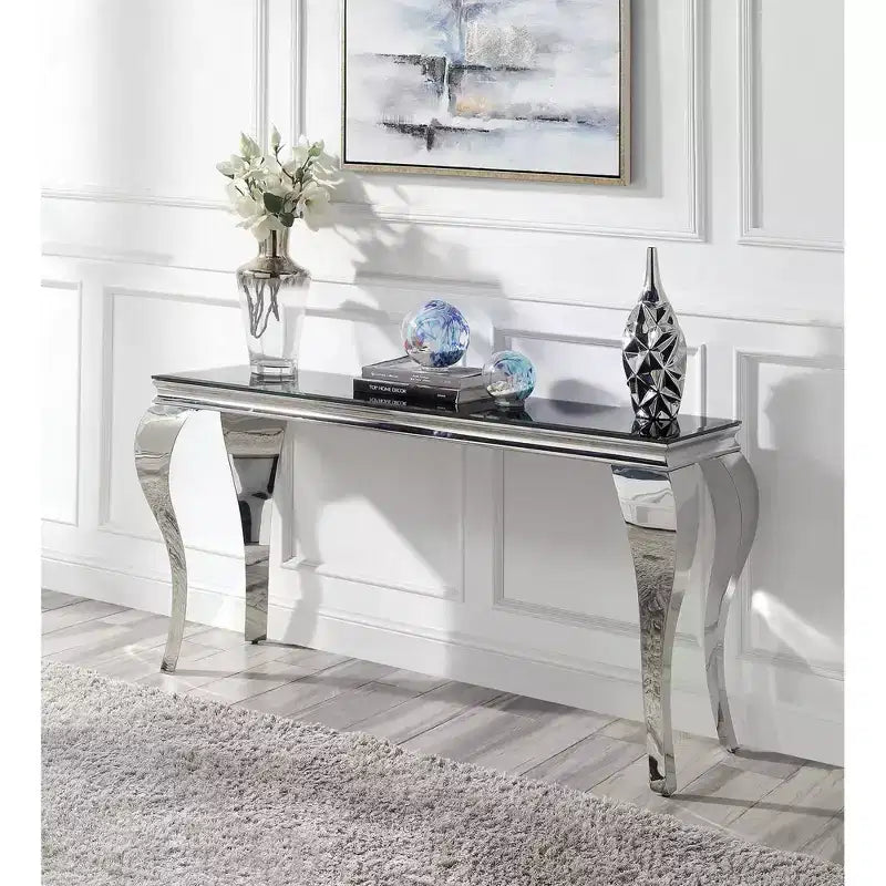 Forge Glam Glass Top Sofa Table Black/Silver - miBasics: Stainless Steel, Entryway, Tempered Glass
