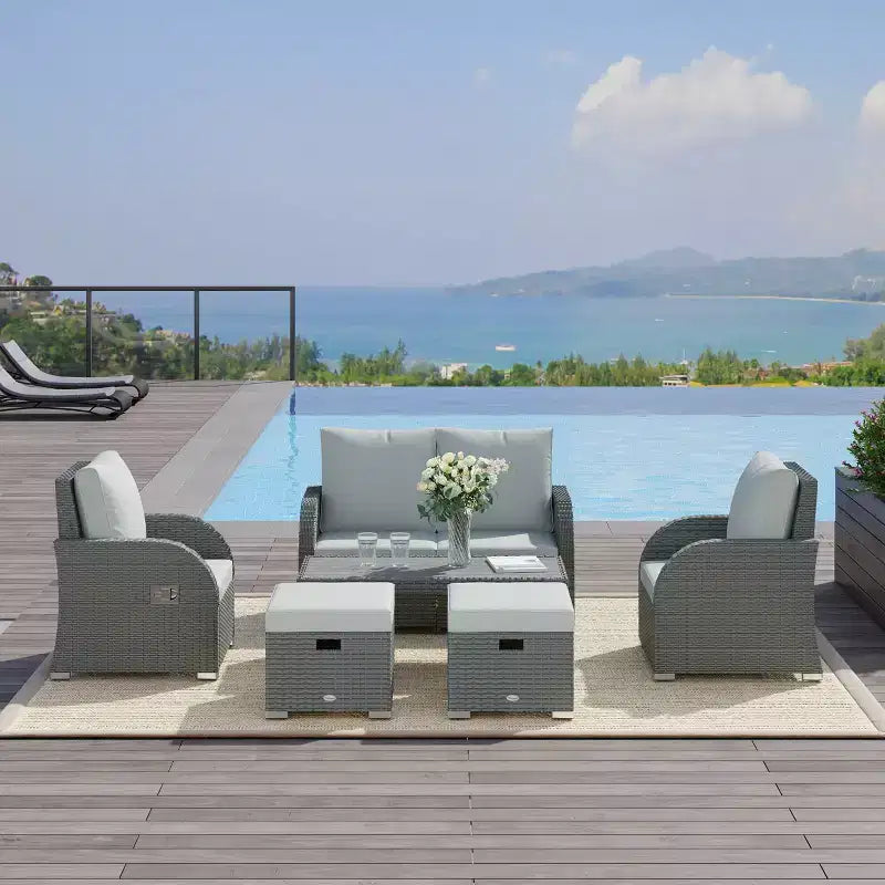 Outsunny 6-PCs Patio Furniture Sets Outdoor Wicker Sofa Set Rattan Recline Single Chair Conversation Set, Ottomans, Table Cushions, Gray