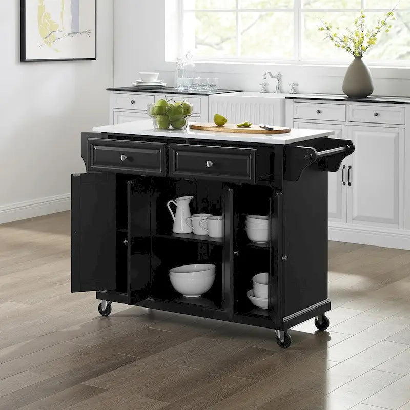 Black Portable Kitchen Island Cart with Granite Top 3 Cabinets 2 Drawers and Spice Rack