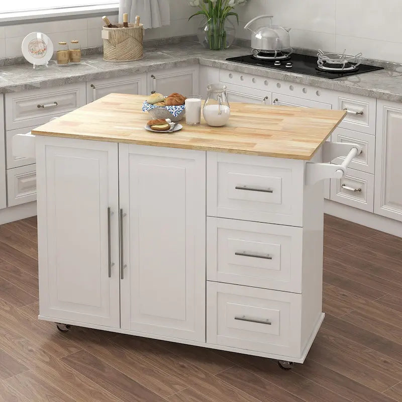 Rolling Kitchen Island Cart with Folding Top Drawers and Spice Rack
