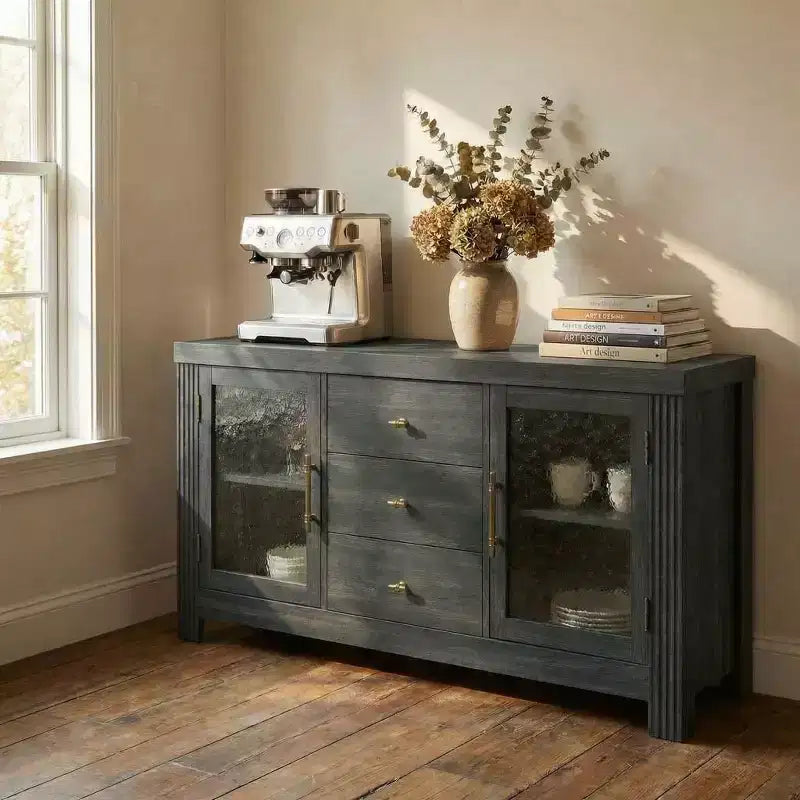54.4 Buffet Sideboard, Accent Storage Cabinet with 2 Glass Doors & 3 Drawers, Coffee Bar Table, TV Stand for Living Room, Kitchen, Dining Room