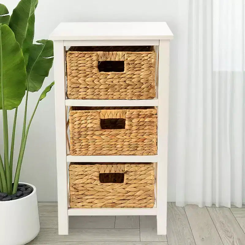 eHemco 3 Tier X-Side End Table Side Table Storage Cabinet with 3 Natural Water Hyacinth Wicker Baskets