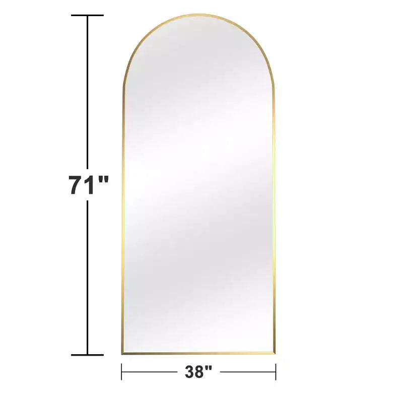 MAYEERTY Gold 33.86 x 77.17 Inch Arch Shaped Thin Edged Aluminum Alloy Full Length Mirror with Stand for Living Room and Bedroom Wall Decor