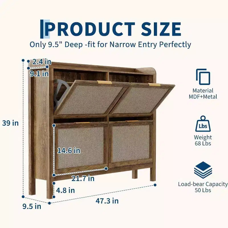 GustoWave Narrow Rattan Shoe Storage Cabinet with 4 Flip-Down Drawers, Brown