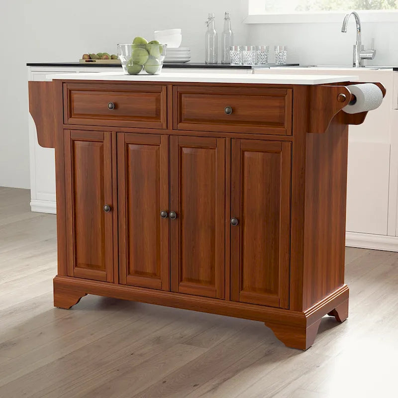 Cherry Finish Granite Top Full Size Kitchen Island with Drawers and Spice Rack