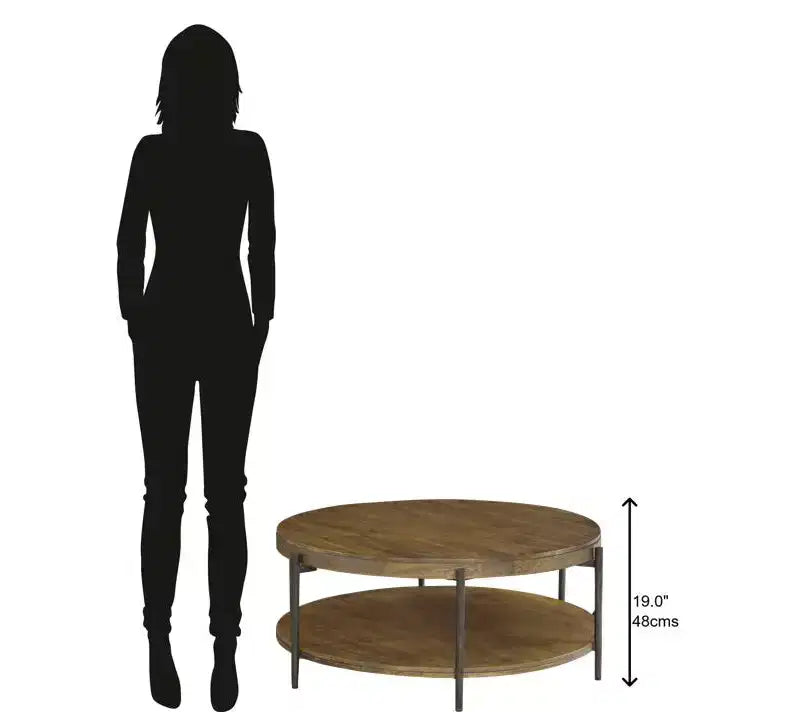 Round Coffee Table with Mango Wood Top and Forged Iron Base