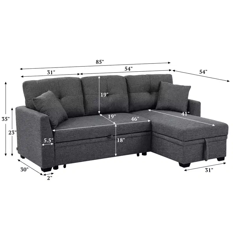MooxvMoo 86 Modern Sleeper Sectional with Reversible Chaise, 3-Seater Convertible L-Shaped Sofa Bed, Pull-Out Couch in Linen-Like Fabric, Gray
