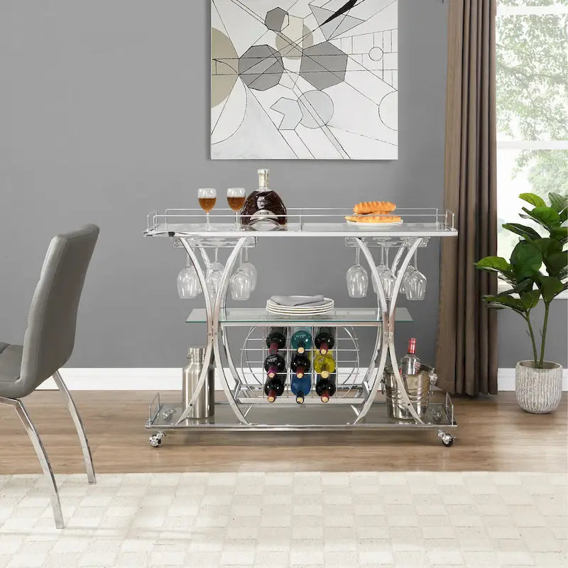 3-Tier Tempered Glass Rolling Bar Cart with Wine Rack and 16 Glass Holder