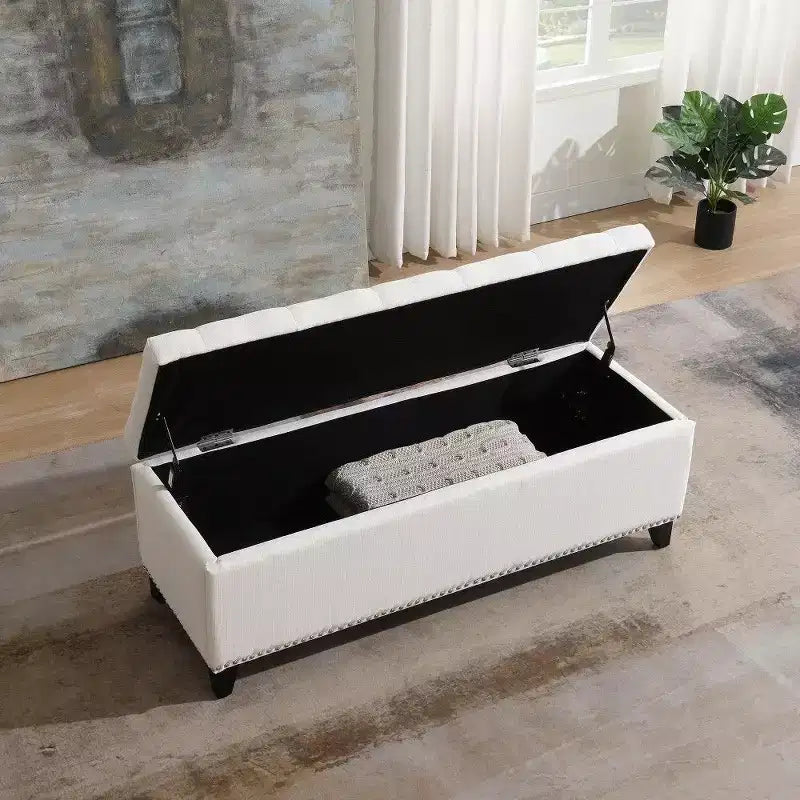 TUYOHW 47.5 Storage Ottoman Bench,Button Tufted Teddy End of Bed Bench with Safety Hinge,Ottoman for Living Room,Entryway,500lb Capacity