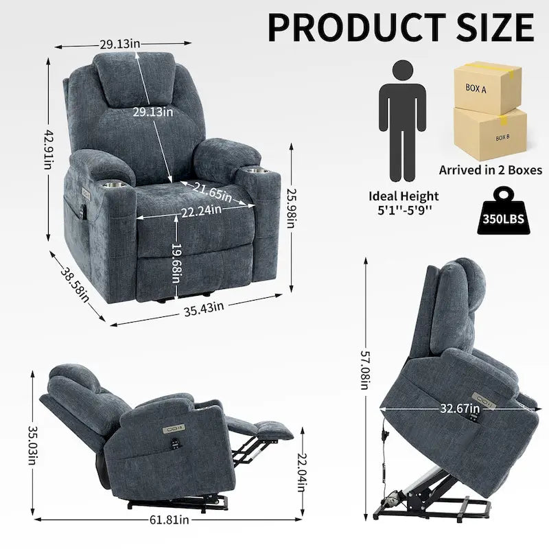 Power Lift Recliner | 8-Point Massage | Lumbar Heat | Dual USB | Steel Cup Holders | Blue