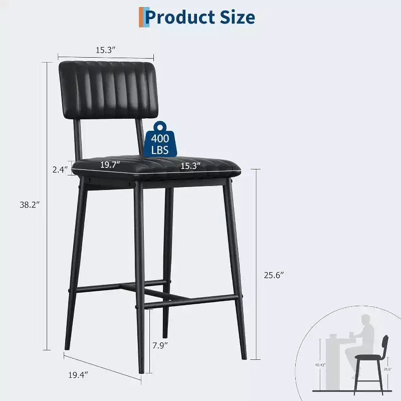 Heavy Duty High Bar Chairs  Set of 2,Thick PU Leather Seat,Ergonomic Backrest,Footrest  Metal Structure 400LBS  Easy to Clean  for Kitchen or Bar