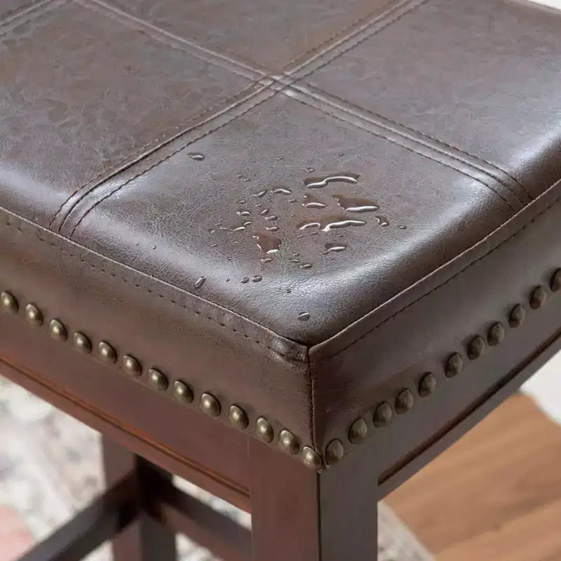 Set of 2 Faux Leather Barstools - Armless, Backless with Footrest, Fixed Height