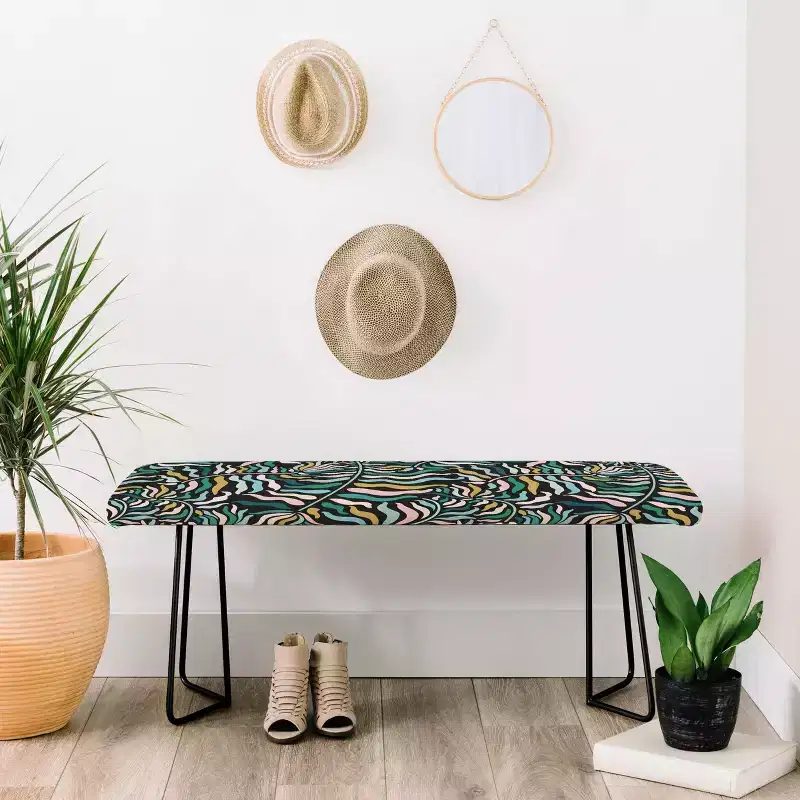 Springtime Floral Print Upholstered Bench with Steel Legs