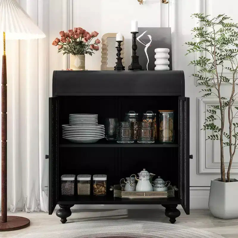Artistic decorative cabinet with 2 doors, sideboard with storage function, with embossed pattern, suitable for entrance, living room Antique Black