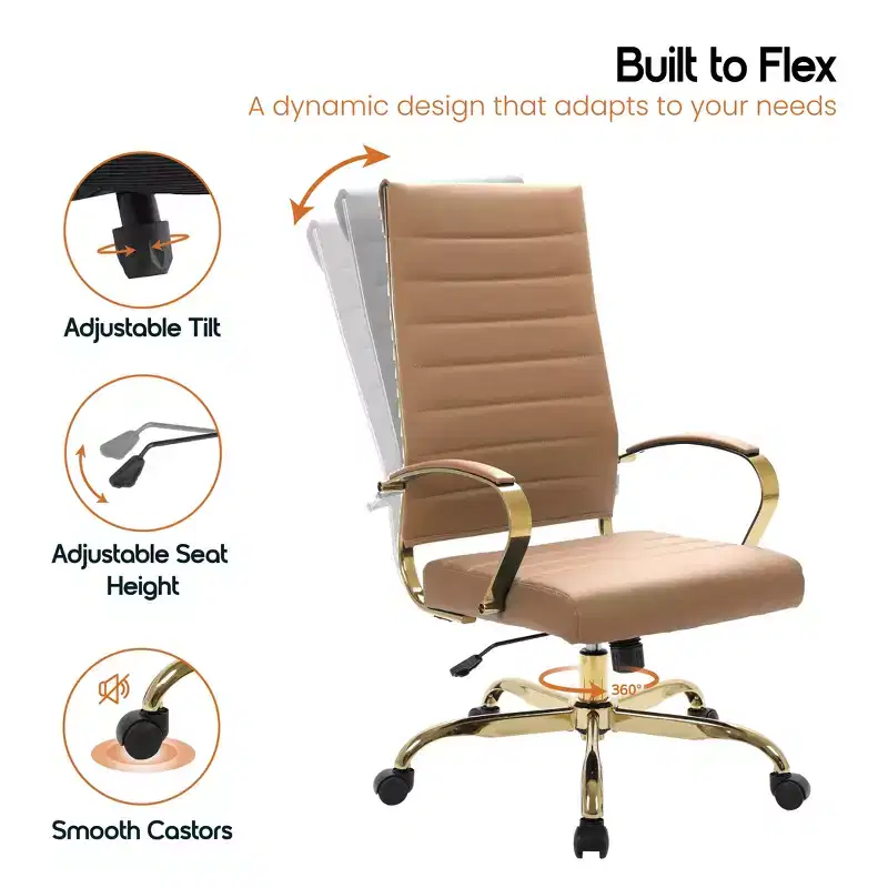 LeisureMod Benmar High-Back Ribbed Leather Office Chair - Modern Swivel & Tilt Executive Desk Chair - Gold Base