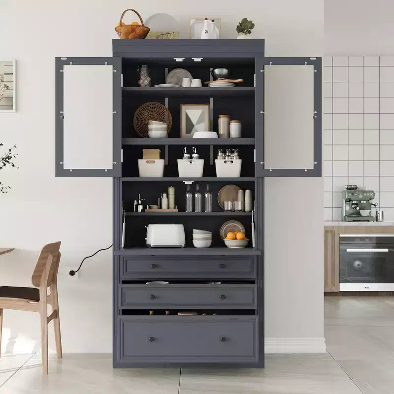 Waylon Kitchen Pantry Storage Cabinet with Power Outlet, 3 Drawers and Adjustable Shelves