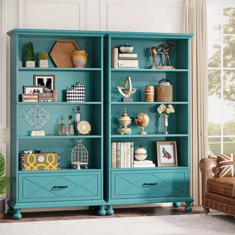 LITTLE TREE 70.87 6 Shelf Bookcase with Drawer and Solid Wood Legs Ocean Blue