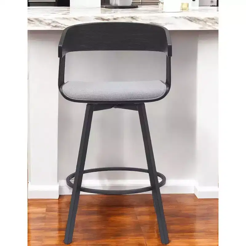 HomeRoots 27 Light Gray and Black Fabric with Metal Swivel Counter Height Bar Chair