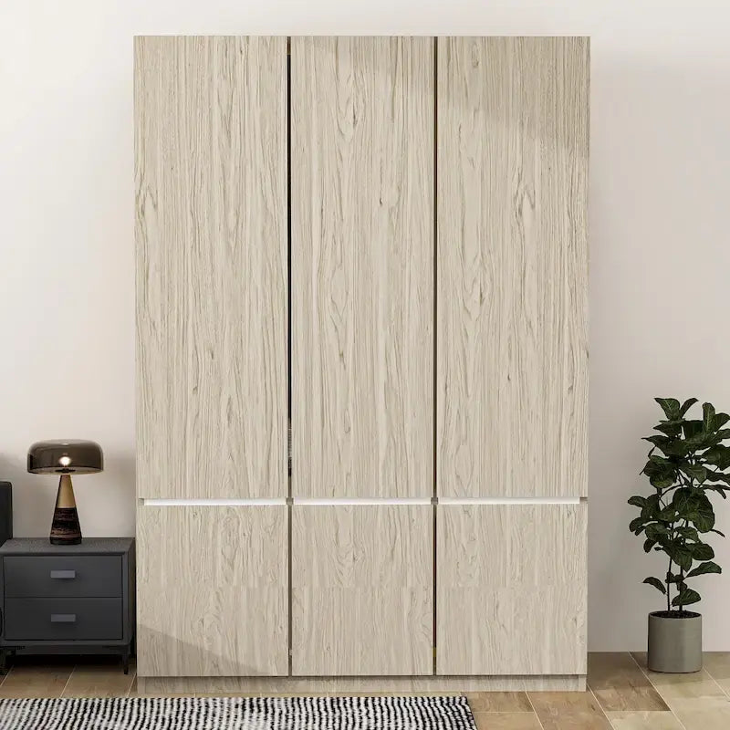 6-Door Freestanding Wardrobe with Hanging Rail & 7 Compartments | Natural