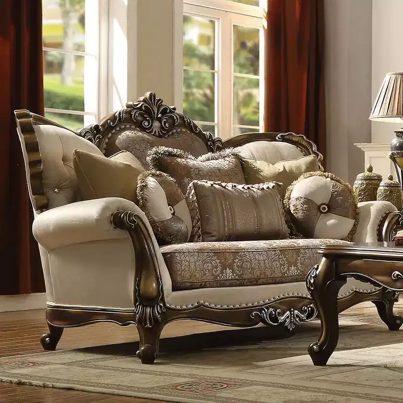 74" Latisha Sofa Tan, Pattern Fabric and Antique Oak Finish - Acme Furniture: Traditional Upholstered Loveseat, Tufted Design