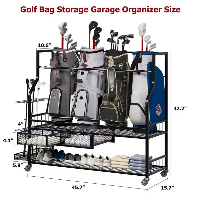 Golf Bag Storage Rack with Wheels & Drawers - 4-Bag Organizer for Garage Home