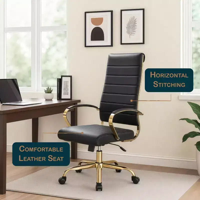 LeisureMod Benmar High-Back Ribbed Leather Office Chair - Modern Swivel & Tilt Executive Desk Chair - Gold Base