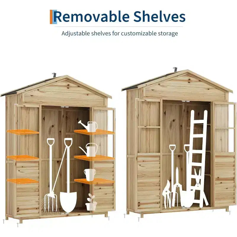 Armoire de jardin en bois de sapin résistant aux intempéries avec toit étanche, 6 étagères réglables, piquets et kit anti-chute. Idéale pour ranger les outils de jardin.